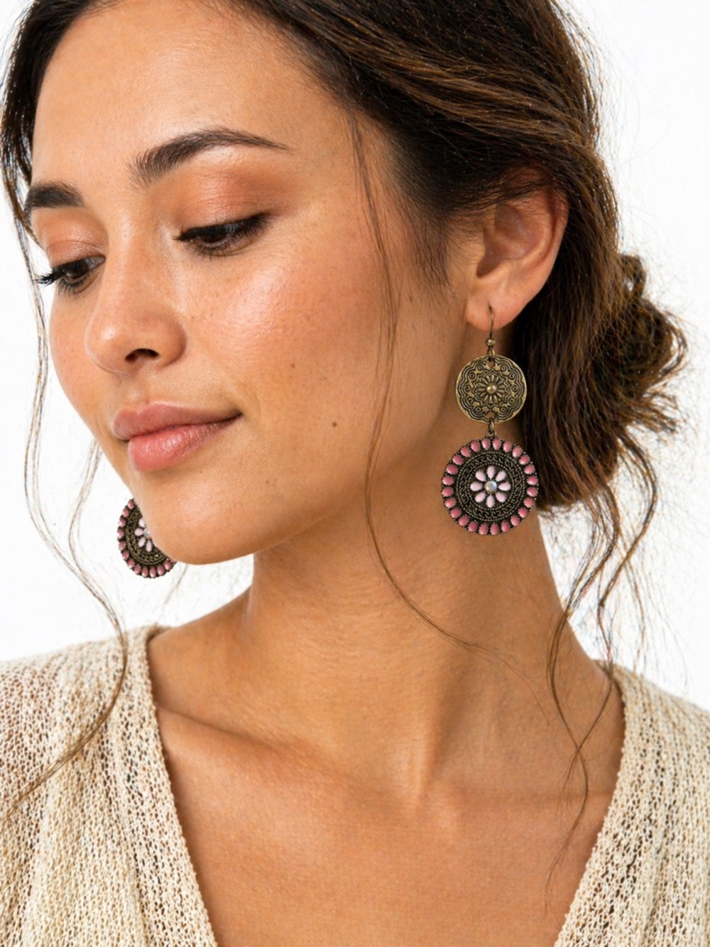 Boho Bronze Pink Medallion Earrings, Floral Dangle, Statement Artisan - Picture 2 of 5